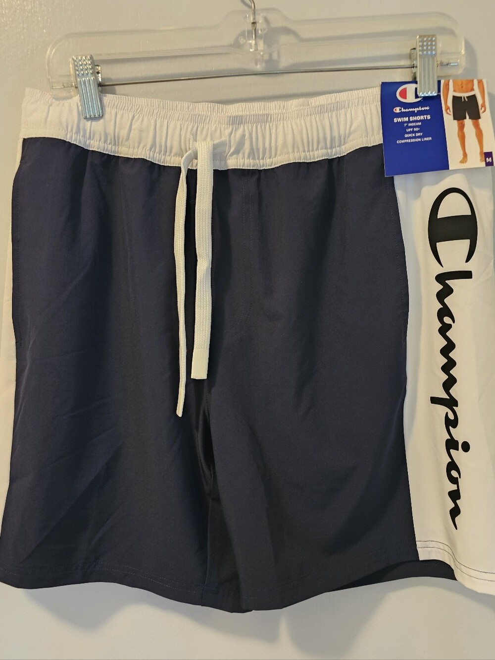 CHAMPION Block 7" Swim Shorts White Blue Men's Sz M Medium Swimwear NWT